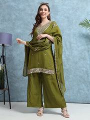 Olive Green Mulchanderi Straight Cut Suit Set with Hand Embroidery
